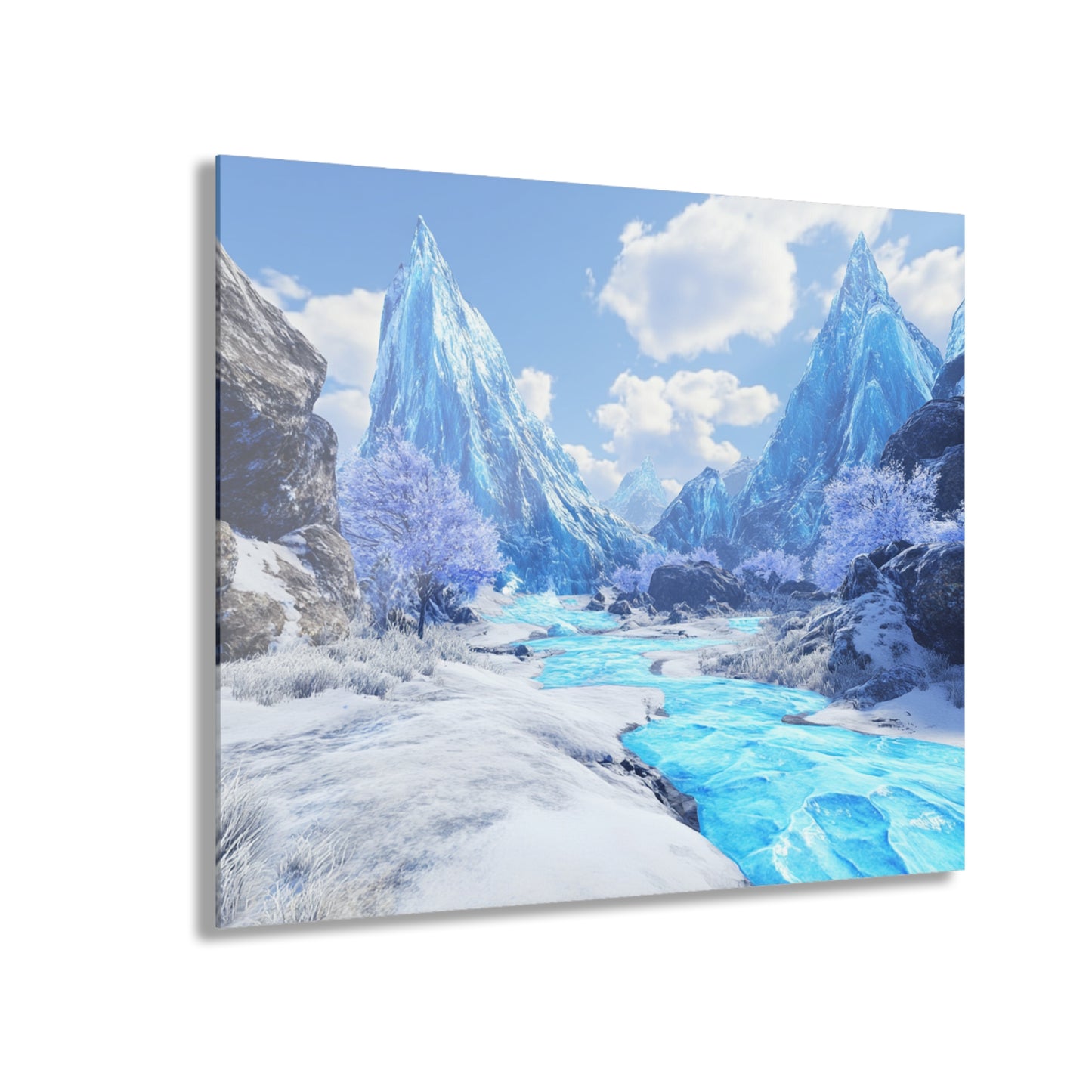 Acrylic Print - Blue River Snowy Mountains French Cleat Hanging