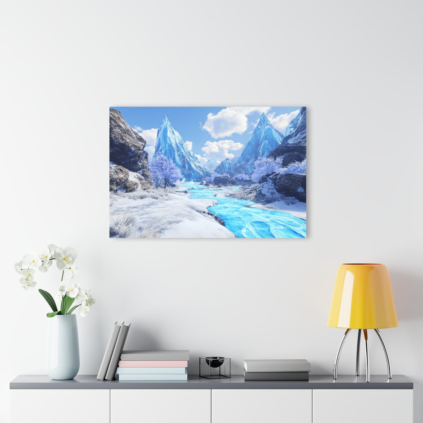 Acrylic Print - Blue River Snowy Mountains French Cleat Hanging