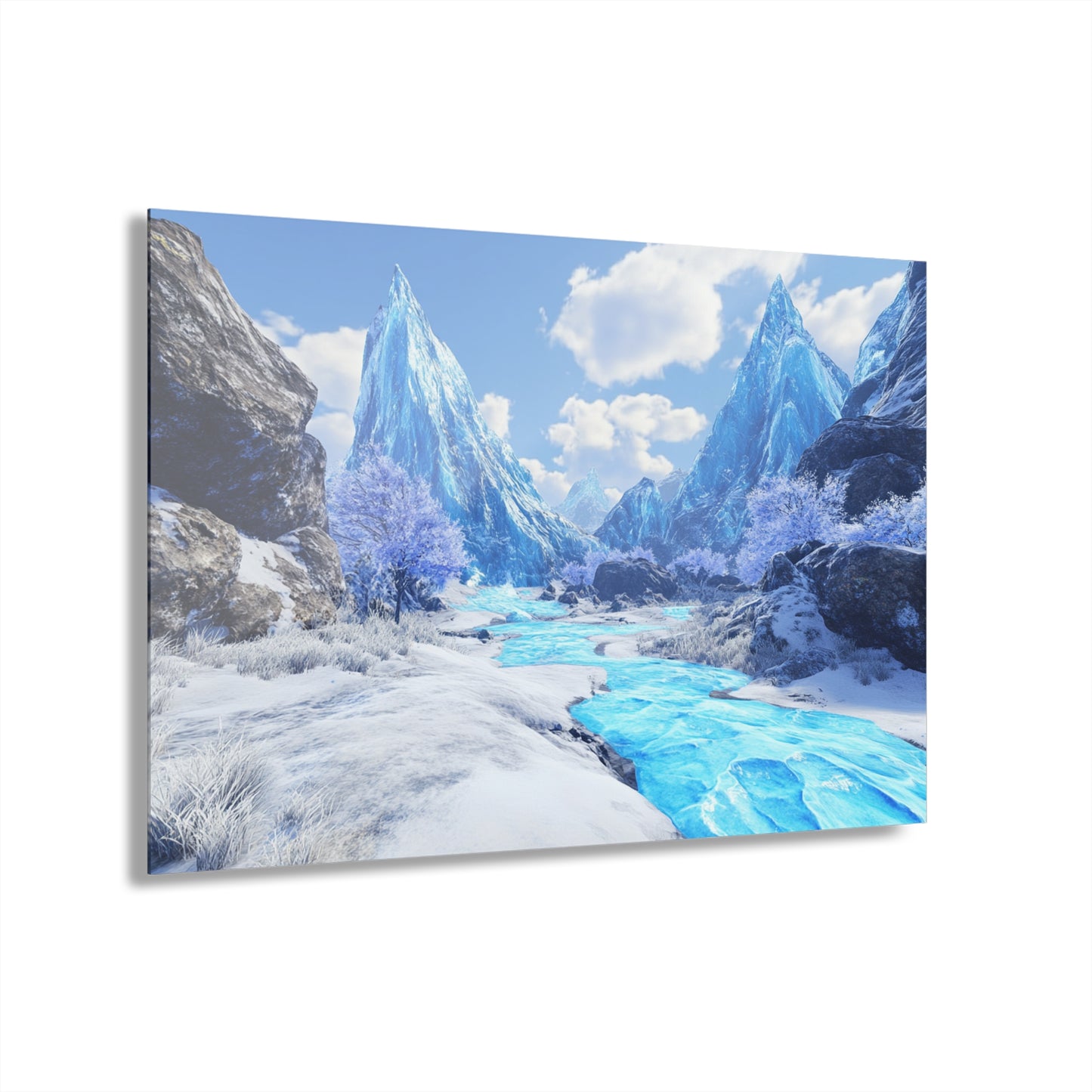 Acrylic Print - Blue River Snowy Mountains French Cleat Hanging