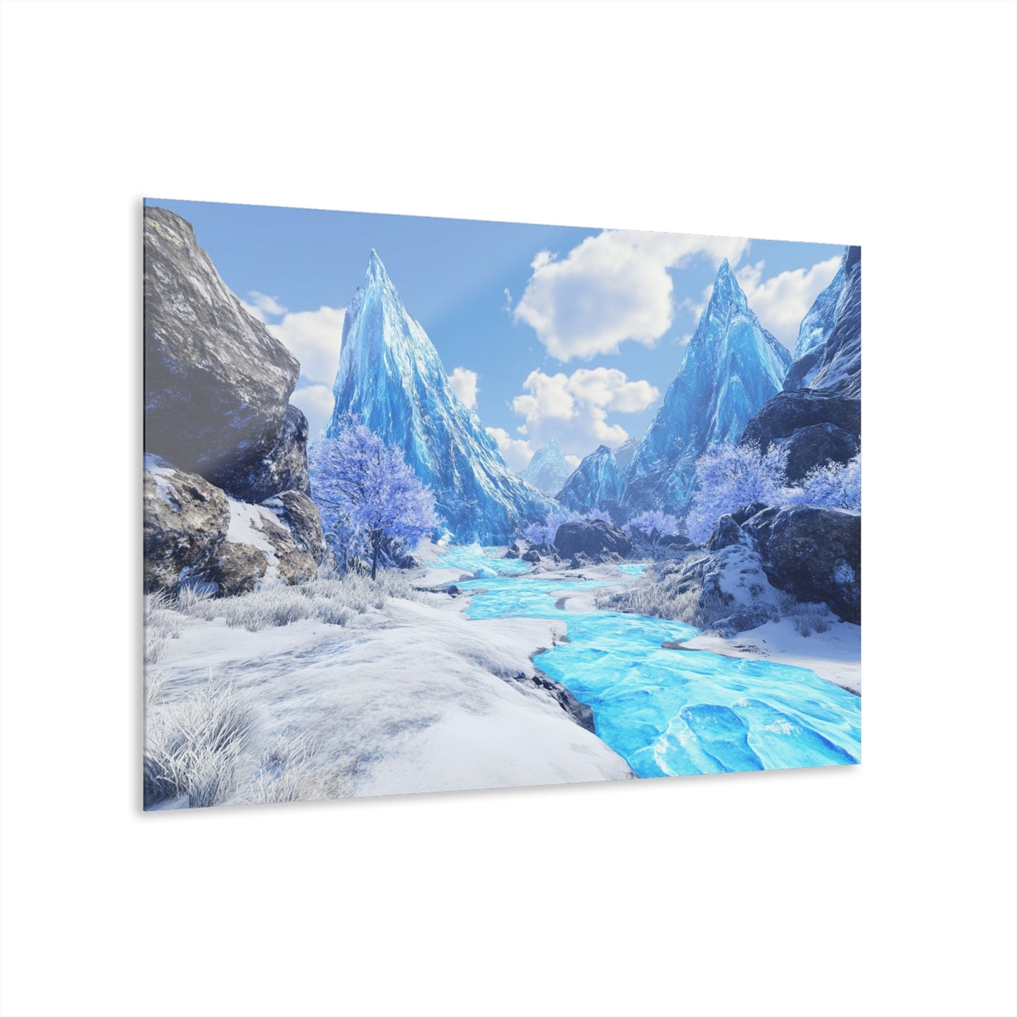 Acrylic Print - Blue River Snowy Mountains French Cleat Hanging