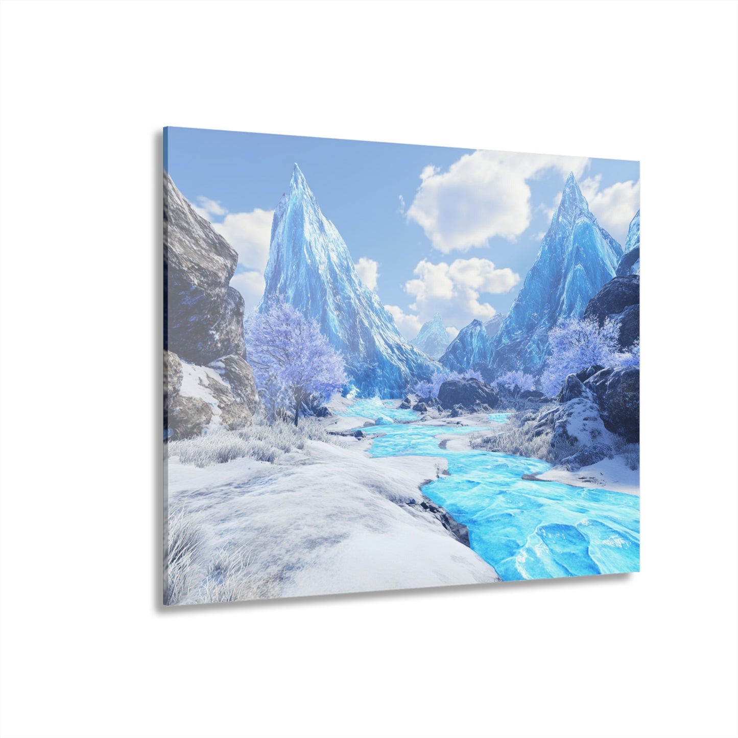 Acrylic Print - Blue River Snowy Mountains French Cleat Hanging